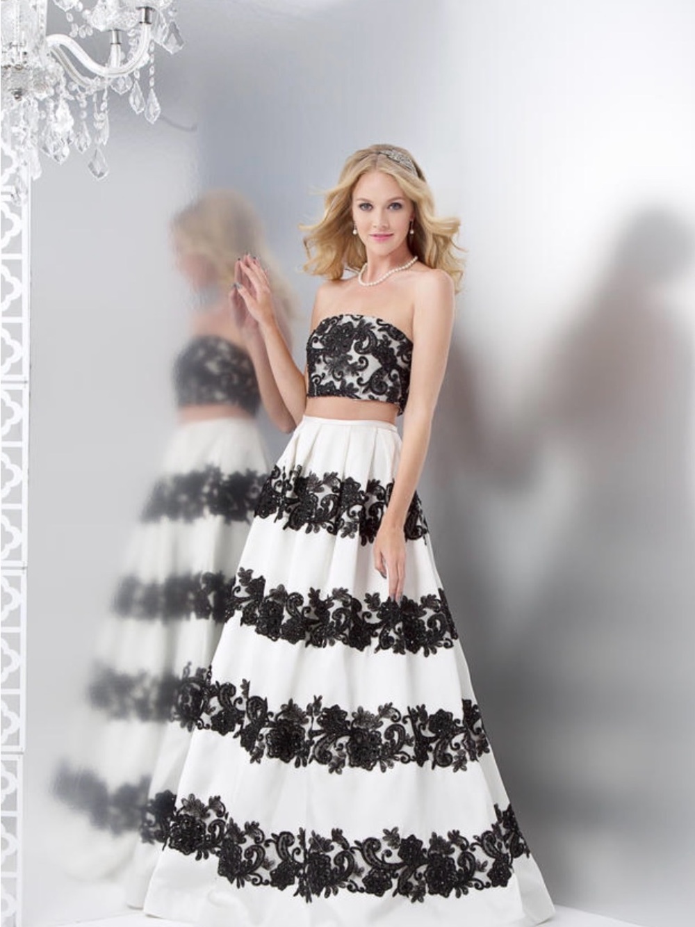 Strapless Black & White Embroidered Two-Piece Maxi Dress